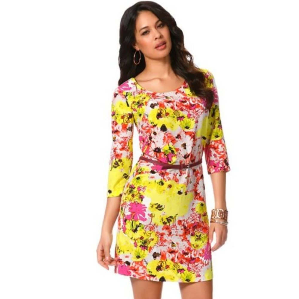 Daisy Fuentes Long Sleeve Floral Print Summer Midi Dress Yellow/Pink XSmall